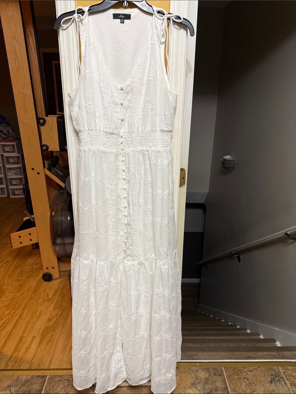 Lulus White Embroidered Maxi Dress Tie Shoulder Smocked Waist Boho Medium